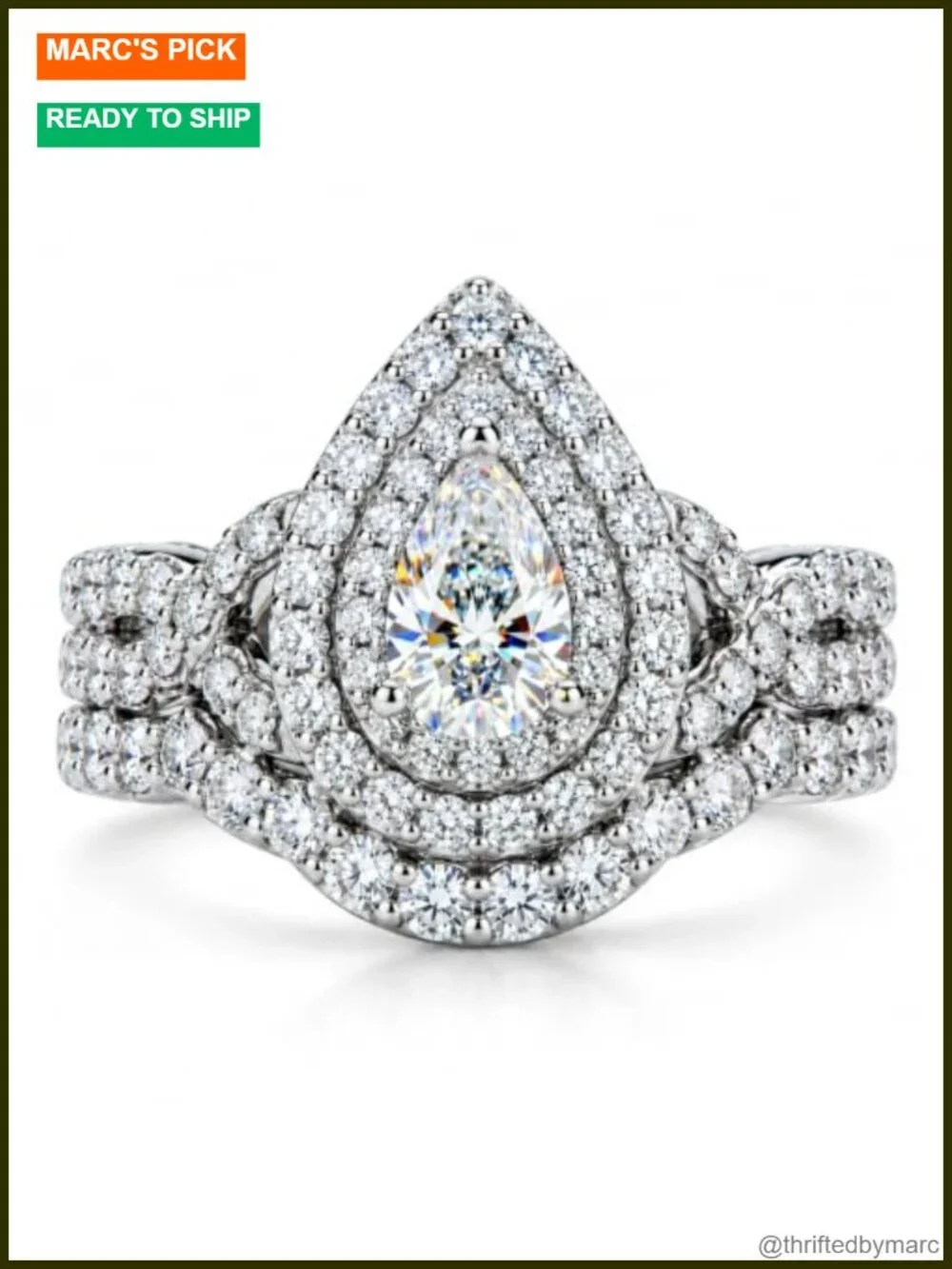 Pear Cut Moissanite Halo Bridal Ring Set Sterling Silver